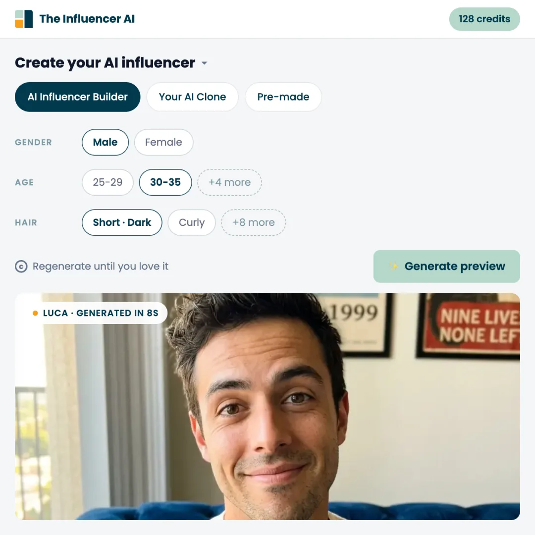 The Influencer AI builder with the AI Influencer Builder, Your AI Clone and Pre-made tabs, gender, age and hair chips selected, and a generated preview of Luca, a male AI influencer in his early thirties