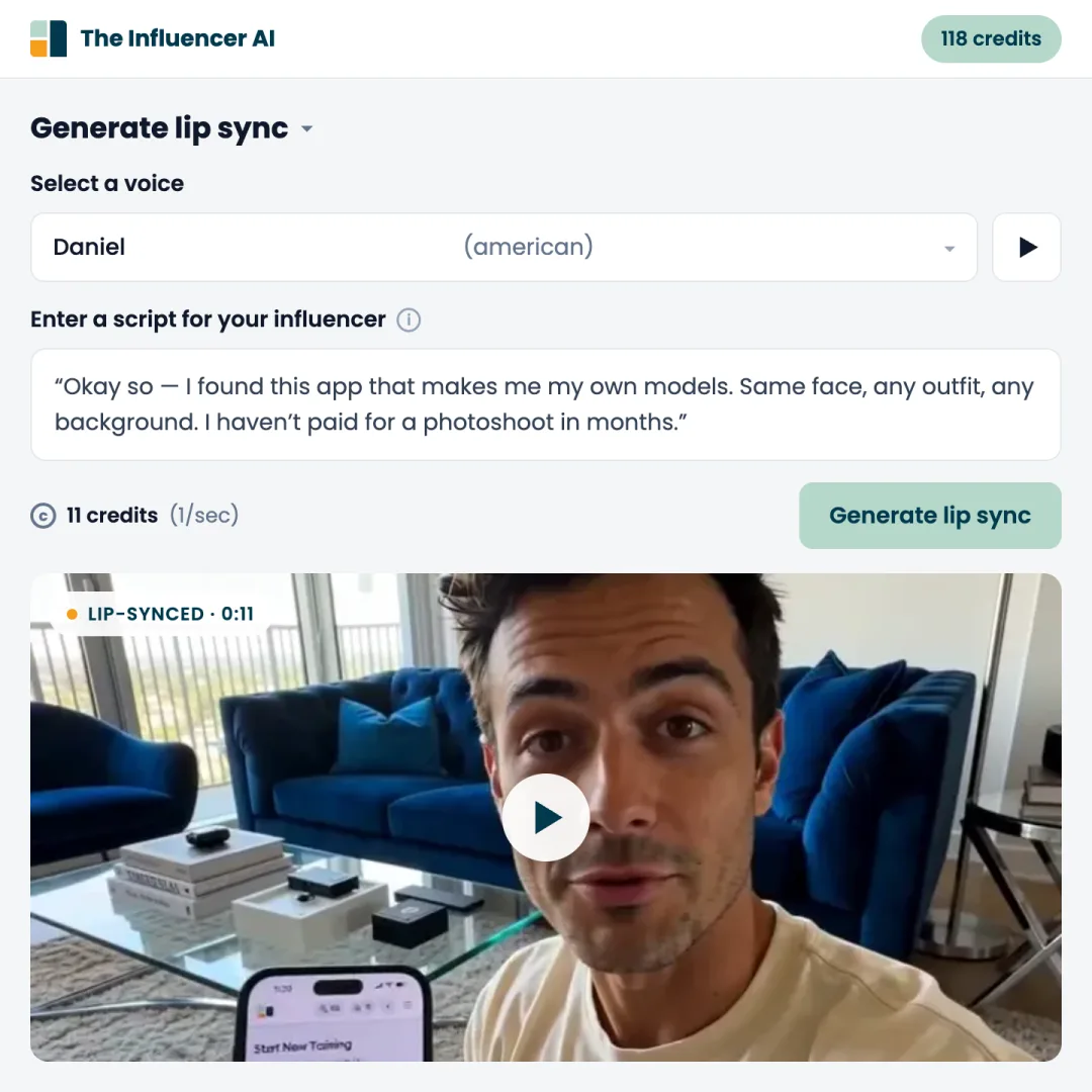 The Influencer AI lip sync form with a voice selected, an 11-second script typed in, a cost of 11 credits, and a preview of the AI influencer talking to camera in a living room
