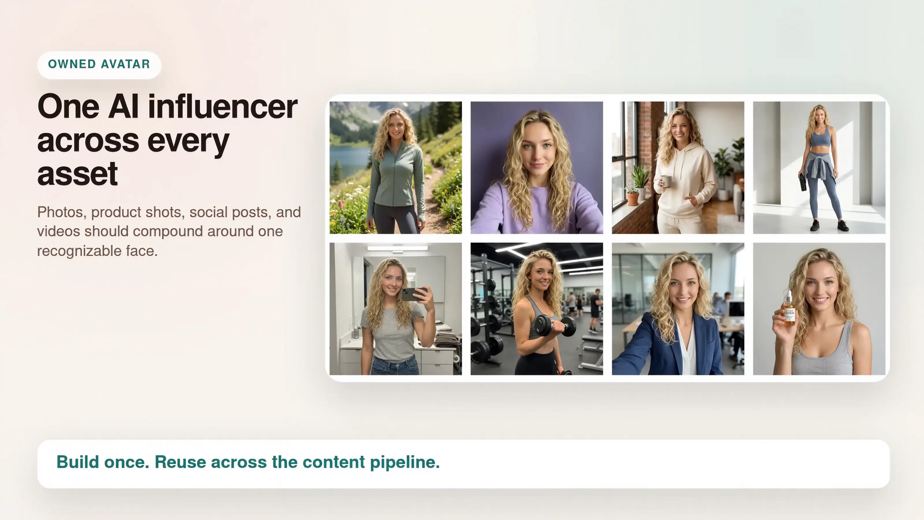 Grid showing the same owned AI influencer reused across photos, edits, product shots, and social content