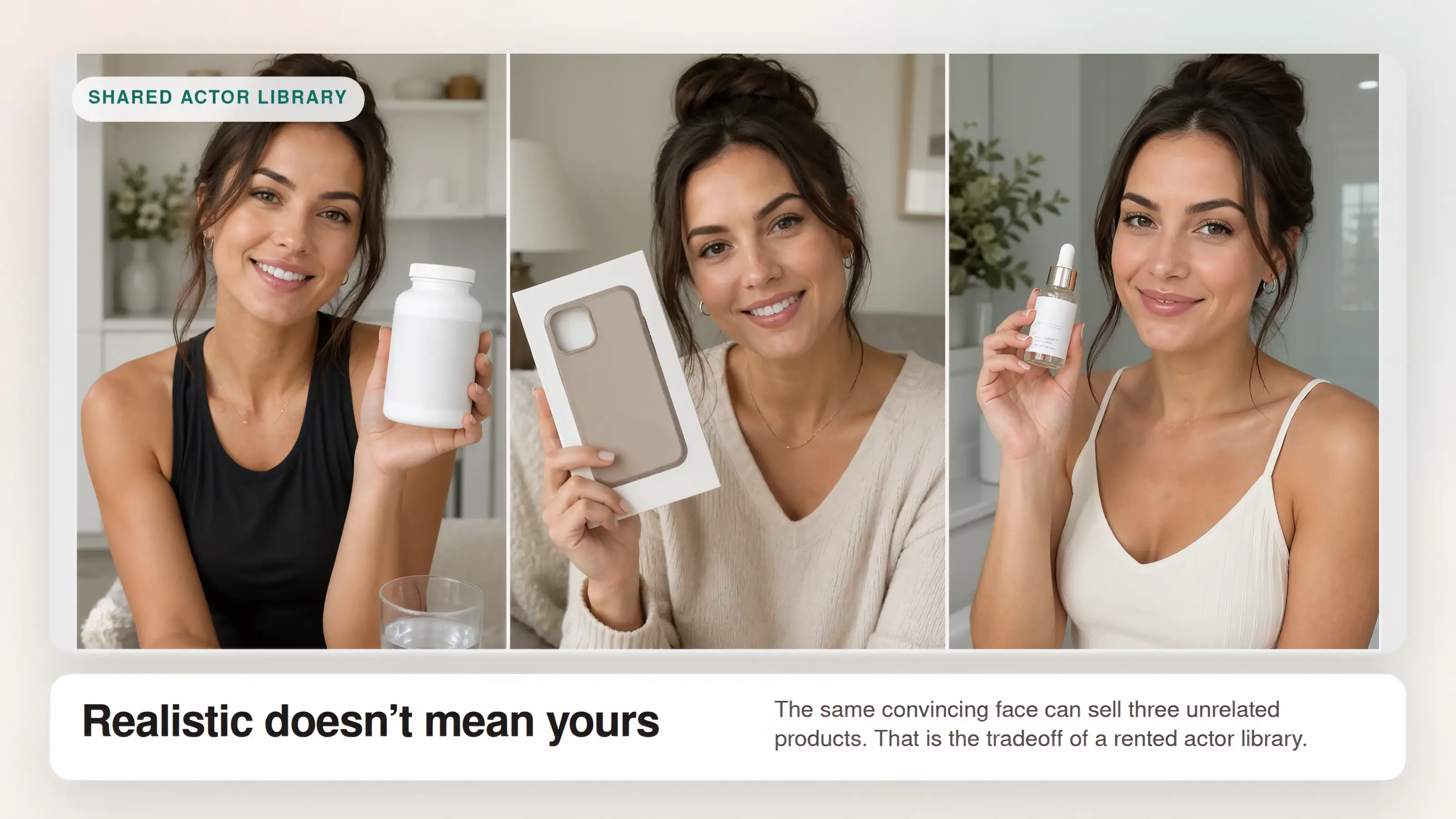 Shared actor library example showing the same realistic AI actor promoting three unrelated products