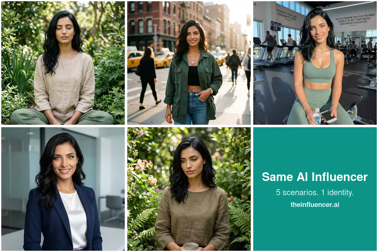 The same AI influencer shown across five different scenarios including meditation, street style, fitness, corporate, and lifestyle imagery
