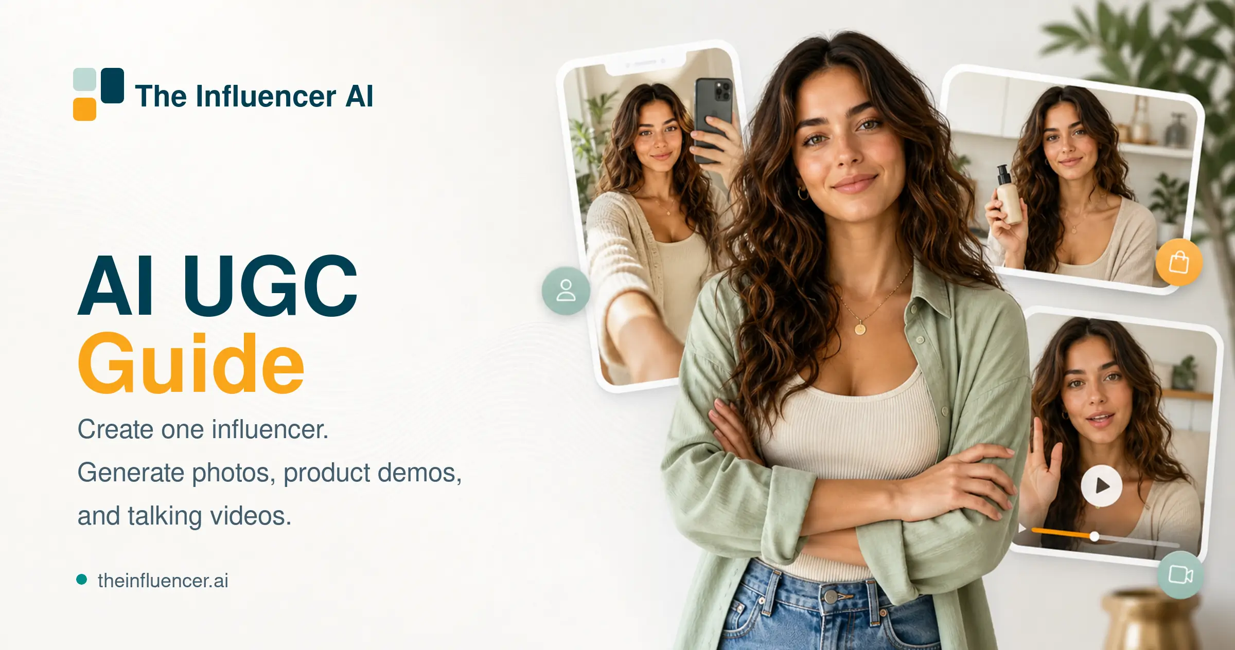 AI UGC guide cover showing one AI influencer reused across photos, product demos, and talking videos