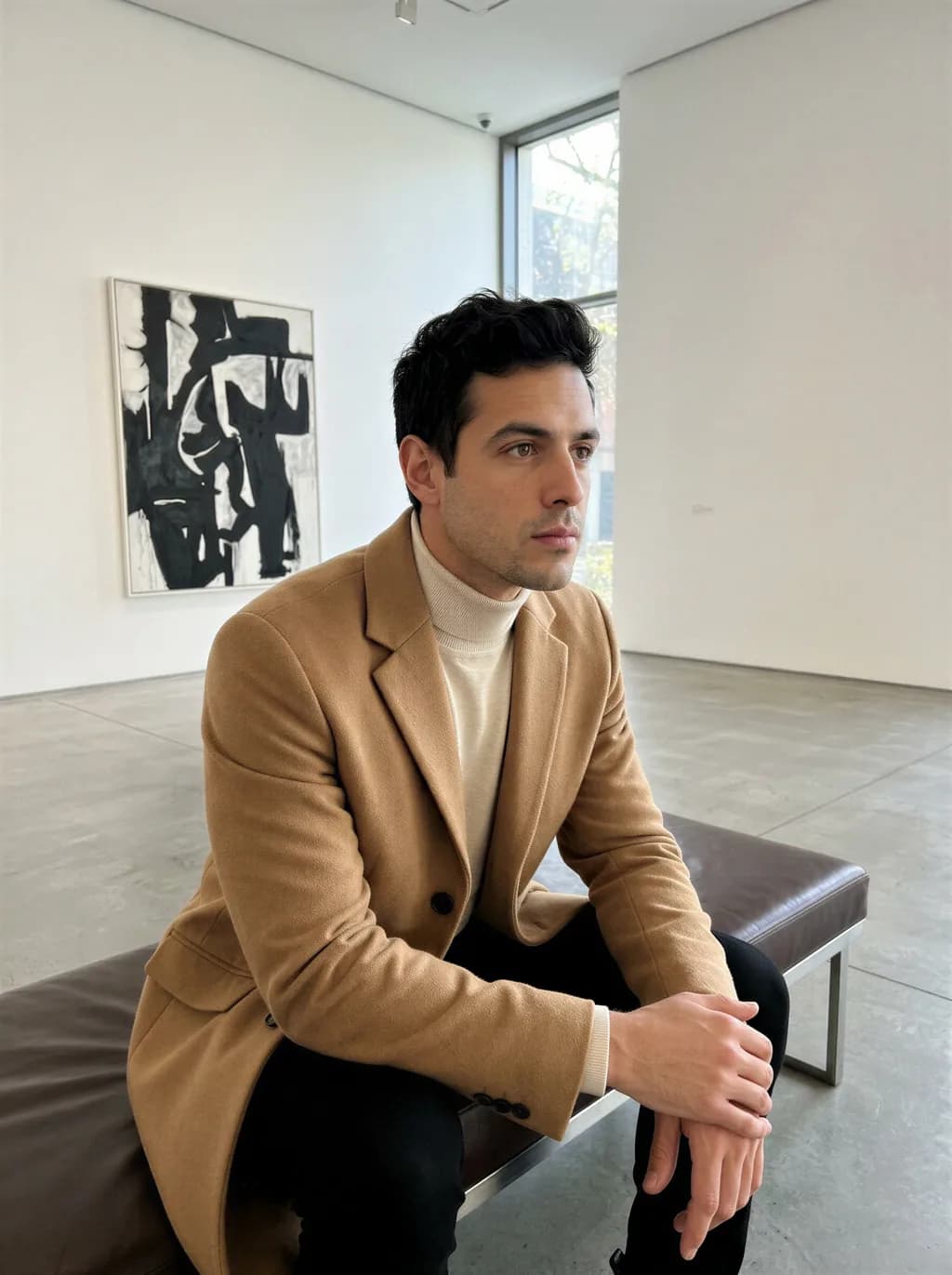AI fashion influencer in a camel coat, editorial photo in an art gallery