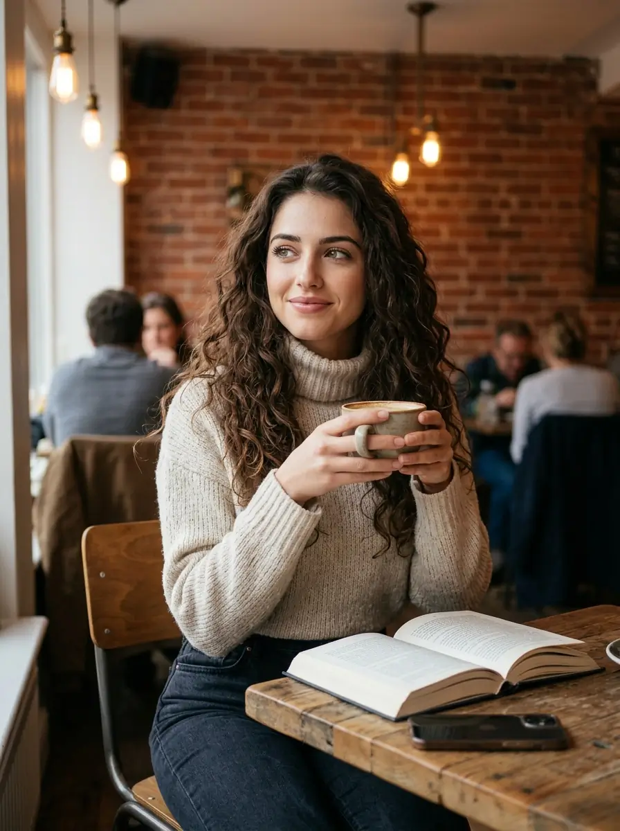Cafe lifestyle photo of Mia as a virtual persona